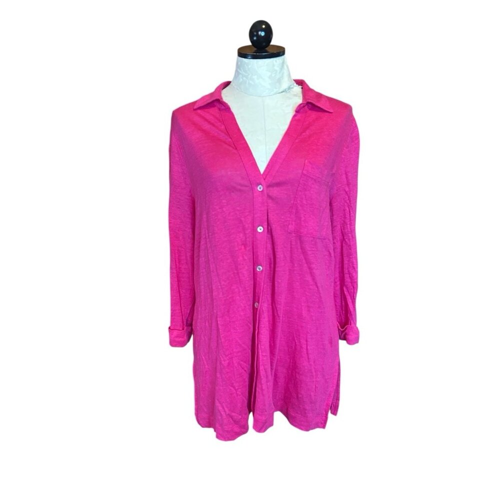 Chico's LINEN Button Down 3/4 Sleeves Blouse Sz 2‎ (L) Solid Pink Collared